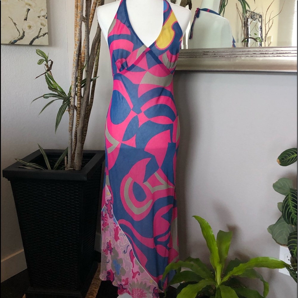 TESSUTO Pink Blue Open V Back Halter Dress M